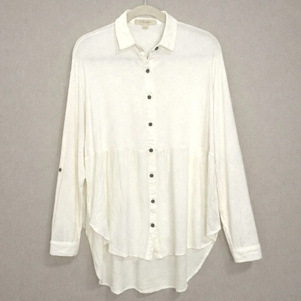 Anthropologie Everleigh Boho Button-Up Sheer Blouse Sz M Roll Tab Sleeve - Picture 2 of 7